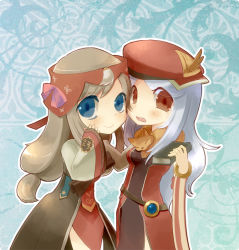 Rule 34 | 2girls, animal, animal around neck, aura (a440), blue eyes, blush, book, breasts, brown hair, closed mouth, cowboy shot, detached sleeves, dress, eyes visible through hair, fox, grey hair, hanbok, hat, holding, holding book, korean clothes, long hair, low-tied long hair, multiple girls, open mouth, pelvic curtain, professor (ragnarok online), ragnarok online, red dress, red eyes, red headwear, red sleeves, sleeveless, sleeveless dress, small breasts, smile, soul linker (ragnarok online), striped sleeves, translation request, white sleeves, wide sleeves