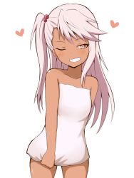 Rule 34 | 1girl, absurdres, bare arms, bare shoulders, blush, chloe von einzbern, collarbone, commentary request, dark-skinned female, dark skin, fate/kaleid liner prisma illya, fate (series), grin, hair bobbles, hair ornament, head tilt, heart, highres, long hair, looking at viewer, mitchi, naked towel, one eye closed, one side up, pink hair, red eyes, simple background, smile, solo, towel, very long hair, white background