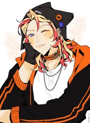 Rule 34 | 1boy, animal hat, axel syrios, bishie sparkle, black gloves, blonde hair, blue eyes, blush, cat hat, collar, commentary, ear piercing, earrings, english commentary, fang, gloves, hair between eyes, hat, highres, hiimtae sb, holostars, holostars english, jewelry, looking at viewer, male focus, multicolored hair, multiple earrings, multiple necklaces, one eye closed, orange collar, piercing, red hair, smile, solo, sparkle, two-tone hair, upper body, virtual youtuber, white background