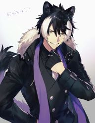 Rule 34 | 1boy, adjusting clothes, adjusting necktie, animal ears, black coat, black gloves, black hair, black shirt, blouse, buckle, buttons, coat, commentary request, fur trim, gloves, grin, highres, holostars, jacket, kageyama shien, long sleeves, looking at viewer, male focus, multicolored hair, namakawa, necktie, purple scarf, scarf, shirt, short hair, simple background, smile, solo, standing, streaked hair, teeth, upper body, virtual youtuber, white hair, white necktie, yellow eyes, zipper