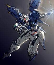 Rule 34 | beam saber, commentary, energy sword, english commentary, gradient background, green eyes, grey background, gundam, gundam aerial rebuild, gundam suisei no majo, highres, holding, holding sword, holding weapon, j s123, mecha, mobile suit, no humans, robot, solo, sparkle, sword, v-fin, weapon
