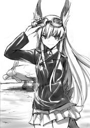 Rule 34 | 1girl, adjusting goggles, aircraft, airplane, animal ears, goggles, goggles on head, greyscale, hanna-justina marseille, head wings, long hair, military, monochrome, propeller, sandwich (artist), sketch, skirt, smile, solo, strike witches, tail, tsuchii (ramakifrau), uniform, wings, witches of africa, world witches series