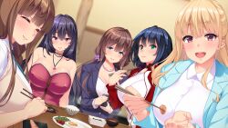 Rule 34 | 5girls, :&gt;, :o, bare shoulders, blonde hair, blue eyes, blue hair, blurry, blurry background, blush, braid, breasts, brown hair, chopsticks, cleavage, closed eyes, closed mouth, eating, eyebrows hidden by hair, female focus, food, formal, game cg, green eyes, hair between eyes, happy, holding, holding chopsticks, indoors, jacket, jewelry, large breasts, long hair, looking at viewer, multiple girls, necklace, nonomiya ayaka, nonomiya himari, nonomiya minori, nonomiya rinka, nonomiya sora, open mouth, original, purple eyes, purple hair, red eyes, school uniform, shiokonbu, short hair, single braid, sister lesson, sitting, smile, suit, table