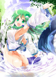 Rule 34 | 1girl, armpits, ass, blush, bottomless, breasts, detached sleeves, female focus, forest, frog hair ornament, green eyes, green hair, hair ornament, hair tubes, kochiya sanae, large breasts, leaf, long hair, matching hair/eyes, nature, open mouth, partially submerged, porurin (do-desho), skirt, unworn skirt, smile, snake hair ornament, solo, standing, touhou, wading