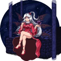 Rule 34 | 1girl, blue eyes, bow, breasts, crossed legs, dress, full body, hair bobbles, hair ornament, high heels, long hair, looking at viewer, medium breasts, mystic square, nukekip, one side up, pixel art, red dress, ribbon, self-upload, shinki (touhou), side ponytail, silver hair, sitting, sky, smile, solo, star (sky), starry sky, touhou, touhou (pc-98), transparent background, wings