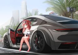 Rule 34 | 1girl, absurdres, ahoge, alternate costume, breasts, building, car, cleavage, eyewear on head, grand theft auto, grand theft auto v, green eyes, hair ornament, hairclip, highres, hololive, looking at viewer, motor vehicle, nyan (reinyan 007), outdoors, pink footwear, pink hair, porsche, porsche 911, porsche 992, sakura miko, sakura miko (1st costume), sitting, sky, solo, tree, vehicle focus, virtual youtuber, x hair ornament