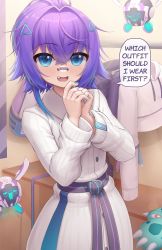 Rule 34 | 1girl, absurdres, bad id, bad pixiv id, bathroom, blue hair, blue nails, blush, commission, fang, gradient hair, hair intakes, highres, hungrydurp, indie virtual youtuber, long sleeves, looking at viewer, melody (projektmelody), multicolored hair, nail polish, open mouth, purple hair, short hair, smile, solo, virtual youtuber, vshojo