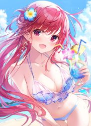 Rule 34 | 1girl, :d, bare arms, beach, bikini, blue bikini, blue sky, breasts, brown hair, cleavage, cloud, collarbone, commentary request, cowboy shot, cup, day, drinking straw, earrings, food, frilled bikini, frills, fruit, gluteal fold, highres, holding, holding cup, ice cream, jewelry, kimishima ao, long hair, looking at viewer, medium breasts, navel, necklace, ocean, open mouth, original, outdoors, pineapple, pineapple slice, purple eyes, sky, smile, solo, swimsuit, water drop