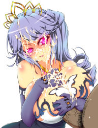 Rule 34 | 10s, 1boy, 1girl, akane maku, breasts, censored, cum, cum on body, faceless, faceless male, glowing, glowing eyes, highres, jewelry, large breasts, magenta eyes, naughty face, necklace, paizuri, pubic hair, purple hair, reki (senran kagura), senran kagura, senran kagura new wave, tiara