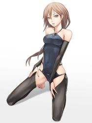 Rule 34 | 1girl, barefoot, black thighhighs, breasts, brown eyes, brown hair, clothing cutout, commentary request, ear piercing, expressionless, full body, gradient background, grey background, hair between eyes, halterneck, hands on legs, highres, leotard, long hair, looking at viewer, medium breasts, nail polish, open mouth, original, piercing, seiza, side cutout, sitting, skindentation, solo, sugi 214, thighhighs, toenail polish, toenails, two-tone background, very long hair, white background