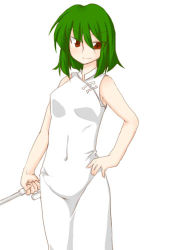 Rule 34 | 1girl, bare shoulders, china dress, chinese clothes, dress, female focus, green hair, hair between eyes, hand on own hip, holding, holding umbrella, kazami yuuka, lowres, red eyes, short hair, smile, solo, touhou, umbrella, vietnamese dress