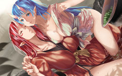 Rule 34 | 2girls, blue eyes, blue hair, breasts, cleavage, dress, dutch angle, closed eyes, female focus, horns, large breasts, long hair, multiple girls, nature, original, outdoors, parted lips, plant, pointy ears, red hair, single horn, viola (seed)