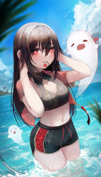 Rule 34 | 1girl, absurdres, beach, black shorts, blue sky, blush, brown hair, closed eyes, cowboy shot, crop top, cropped jacket, day, flower-shaped pupils, genshin impact, ghost, hair between eyes, hair down, hairband, half-closed eyes, hands in hair, highres, hu tao (genshin impact), jacket, long hair, looking at viewer, midriff, navel, ocean, open clothes, open jacket, open mouth, partially submerged, red eyes, scenery, short shorts, short sleeves, shorts, sky, smile, symbol-shaped pupils, thighs, wegan, wet