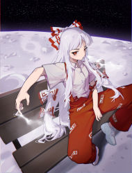 Rule 34 | 1girl, baggy pants, bench, between legs, bow, chinese commentary, cigarette, collared shirt, commentary request, expressionless, fujiwara no mokou, full body, hair bow, hand between legs, holding, holding cigarette, lemonpee123, long hair, looking at viewer, moon, ofuda, ofuda on clothes, pants, red bow, red eyes, red pants, shirt, shoes, short sleeves, sideways glance, sitting, smoke, sneakers, solo, space, spread legs, suspenders, suspenders slip, touhou, two-tone bow, very long hair, white bow, white footwear, white hair, white shirt, wing collar