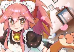 Rule 34 | 1girl, absurdres, alternate costume, animal ear fluff, animal ears, animal hands, apron, artist request, bell, breasts, cat paws, cleavage, collar, collarbone, enmaided, fang, fangs, fate/grand order, fate (series), fox ears, fox girl, fox tail, gloves, hair ribbon, heart, heart-shaped pupils, highres, jingle bell, large breasts, long hair, looking at viewer, maid, maid apron, maid headdress, neck bell, paw gloves, pink hair, ponytail, red ribbon, ribbon, skin fang, solo, symbol-shaped pupils, tail, tamamo (fate), tamamo cat (fate), tamamo cat (second ascension) (fate)