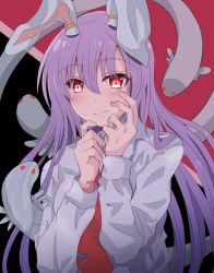 Rule 34 | 1girl, animal ears, black background, closed mouth, guchadoro, hair between eyes, highres, long hair, long sleeves, multicolored background, necktie, purple hair, rabbit ears, red background, red eyes, red necktie, reisen udongein inaba, smile, snake, solo, touhou, upper body