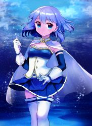 Rule 34 | 1girl, arm at side, blue background, blue eyes, blue hair, blue skirt, blue theme, blunt bangs, blush, breasts, cape, chabashira (otya), closed mouth, collarbone, detached sleeves, dot nose, expressionless, eyelashes, feet out of frame, floating hair, frills, gloves, gradient background, hair between eyes, hand up, highres, looking away, mahou shoujo madoka magica, mahou shoujo madoka magica (anime), medium hair, miki sayaka, pleated skirt, simple background, skirt, solo, strapless, thighhighs, thighs, white cape, white gloves, white thighhighs, zettai ryouiki