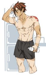 1boy abs anton_ivanov arm_up black_shorts bottle brown_eyes brown_hair closed_mouth collarbone commentary_request cropped_legs hair_between_eyes highres holding holding_bottle holding_towel kayoko_(panchlora) looking_to_the_side male_focus male_swimwear multicolored_hair navel nipples pectorals red_hair short_hair shorts shoulder_tattoo simple_background solo standing stomach streaked_hair swim_trunks tan tanline tattoo topless_male towel water_bottle wet wet_hair white_background zenless_zone_zero