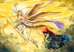 Rule 34 | 1girl, 1other, angel, angel wings, angewomon, armor, artist request, bare shoulders, belt, blonde hair, bodysuit, breastplate, breasts, chain, cleavage, clothing cutout, covered eyes, digimon, digimon (creature), elbow gloves, fantomon, feathers, flying, full body, ghost, gloves, head wings, helmet, highres, holding, holding weapon, hood, knee up, large breasts, lips, long hair, midriff, navel, navel cutout, no humans, o-ring, o-ring belt, revealing clothes, scythe, shinigami, sky, thigh strap, thighhighs, thighs, traditional media, weapon, white bodysuit, winged helmet, wings