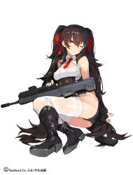 Rule 34 | 1girl, assault rifle, black footwear, black hair, black panties, blush, boots, brown eyes, bullpup, girls&#039; frontline, gun, hair between eyes, holding, holding gun, holding weapon, kishiyo, long hair, looking at viewer, lying, magazine (weapon), on side, one eye closed, panties, parted lips, qbz-97, rifle, solo, thighhighs, thighs, torn clothes, tsurime, twintails, type 97 (girls&#039; frontline), underwear, very long hair, weapon, white thighhighs