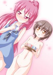 Rule 34 | 2girls, black hair, blush, breast hold, breasts, brown eyes, cleft of venus, clothed female nude female, completely nude, cup, dress, funami yui, kagerou (kers), kers, long hair, multiple girls, navel, necker, neckerchief, nipples, nude, pink eyes, pink hair, ponytail, pussy, school uniform, short hair, small breasts, sugiura ayano, tray, uncensored, yuru yuri