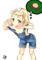 Rule 34 | 1girl, bare arms, bare shoulders, blonde hair, breasts, chize, cleavage, collarbone, facial hair, green eyes, hair ribbon, hair strand, hairband, hands up, kantai collection, leaning forward, long hair, looking at viewer, luigi torelli (kancolle), mustache, naked overalls, name connection, overalls, parted lips, red ribbon, ribbon, simple background, small breasts, solo, suspenders, suspenders slip, thought bubble, white background, white hairband