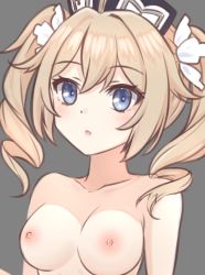 Rule 34 | 1girl, :o, absurdres, barbara (genshin impact), bare shoulders, blonde hair, blue eyes, blush, breasts, close-up, collarbone, drill hair, genshin impact, hair between eyes, hair ornament, hat, highres, knine (platinatelier), medium breasts, nipples, simple background, solo, topless, twin drills, upper body