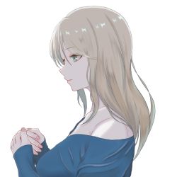 Rule 34 | 1girl, bad id, bad pixiv id, bare shoulders, blonde hair, blue shirt, breasts, closed mouth, collarbone, expressionless, green eyes, hand on hand, highres, large breasts, long hair, looking away, nail polish, original, pink nails, profile, shirt, solo, upper body, white background, yukiko (leovioykk)