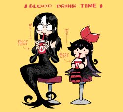 Rule 34 | 2girls, black dress, black hair, blood, bow, chibi, cup, detached sleeves, disposable cup, dress, drinking, drinking blood, hair bow, hairband, highres, long dress, long sleeves, multicolored hair, multiple girls, noss (rariatto), original, pantyhose, rariatto (ganguri), red bow, red hairband, red pantyhose, sanpaku, simple background, sitting, stool, streaked hair, striped clothes, striped pantyhose, vampire, yellow background, zakuro (rariatto)