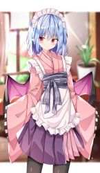 Rule 34 | 1girl, alternate costume, apron, bat wings, belt, blouse, blue hair, blurry, blurry background, blush, border, bow, closed mouth, commentary request, eyes visible through hair, floor, frills, grey belt, grey bow, grey pantyhose, hair between eyes, hands up, highres, indoors, japanese clothes, jar, kimono, leaf, looking to the side, maid, maid headdress, multicolored clothes, multicolored kimono, outside border, pantyhose, pink kimono, pink shirt, plant, pointy ears, purple kimono, purple skirt, red eyes, remilia scarlet, sabana, shirt, short hair, skirt, smile, solo, standing, sunlight, touhou, wa maid, wall, white apron, white border, window, wings