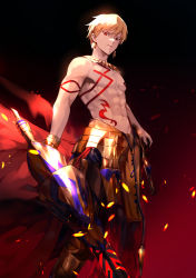 Rule 34 | 1boy, abs, absurdres, armored skirt, blonde hair, closed mouth, earrings, fate/grand order, fate (series), gilgamesh (fate), highres, jewelry, looking at viewer, male focus, muscular, muscular male, navel, necklace, nipples, red eyes, topless male, short hair, solo, tattoo, user giq0102, weapon