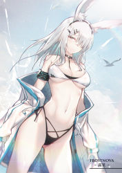 Rule 34 | 1girl, animal ear fluff, animal ears, arknights, bare shoulders, bikini, bird, black choker, black hairband, blue sky, breasts, character name, choker, commentary, cowboy shot, frostnova (arknights), gluteal fold, grey eyes, hair ornament, hair over one eye, hairband, hairclip, jacket, long hair, long sleeves, looking at viewer, medium breasts, mismatched bikini, navel, off shoulder, open clothes, open jacket, outdoors, rabbit ears, silver hair, sky, solo, standing, stomach, swimsuit, thighs, white bikini, white jacket, xion32