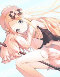 Rule 34 | 1girl, abigail williams (fate), abigail williams (traveling outfit) (fate), arms up, black bow, black jacket, blonde hair, bloomers, blue eyes, bow, closed mouth, fate/grand order, fate (series), forehead, hair bow, hair bun, hat, heroic spirit traveling outfit, highres, jacket, long hair, long sleeves, looking at viewer, merryj, multiple hair bows, official alternate costume, parted bangs, single hair bun, sleeves past fingers, sleeves past wrists, solo, underwear, white bloomers, white bow, white hat