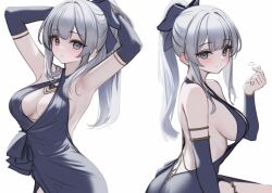 Rule 34 | 1girl, argus (azur lane), armpits, arms behind back, arms up, azur lane, backless dress, backless outfit, bare back, bare shoulders, black dress, bow, breasts, cleavage, closed mouth, cocktail dress, criss-cross halter, detached sleeves, dress, finger heart, g home, grey eyes, hair bow, halter dress, halterneck, hand up, heart, long hair, long sleeves, looking at viewer, medium breasts, multiple views, no bra, ponytail, sideboob, simple background, sleeveless, sleeveless dress, smile, white background, white hair