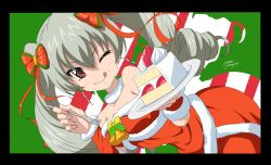 Rule 34 | 1girl, ;q, alternate costume, anchovy (girls und panzer), bare shoulders, bell, black border, border, bow, cake, christmas, closed mouth, commentary request, detached sleeves, dress, drill hair, dutch angle, food, food on face, fork, fruit, fur-trimmed dress, fur-trimmed sleeves, fur collar, fur trim, girls und panzer, green hair, hair bow, hair ribbon, highres, holding, holding fork, holding plate, long hair, looking at viewer, one eye closed, partial commentary, plate, red bow, red dress, red eyes, red ribbon, red sleeves, ribbon, santa dress, smile, solo, strapless, strapless dress, strawberry, tongue, tongue out, twin drills, twintails, yamaguchi yoshimi