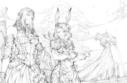 Rule 34 | 1other, 2girls, animal ears, warrior of light (ff14), carrying, carrying person, child, cloud, commentary, commission, detached sleeves, dress, elezen, elf, english commentary, final fantasy, final fantasy xiv, flower, forehead jewel, g studio, greyscale, hair flower, hair ornament, highres, in-universe location, long hair, monochrome, multiple girls, outdoors, pointing, pointy ears, rabbit ears, sleeveless, sleeveless dress, statue, viera