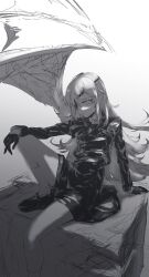 Rule 34 | 1girl, arm support, breasts, demon wings, dress, elazale, eyepatch, foot out of frame, gloves, goddess of victory: nikke, greyscale, guillotine (nikke), half gloves, hand on own knee, highres, loafers, long hair, looking at viewer, military, military uniform, monochrome, shoes, single wing, sketch, skirt, small breasts, socks, solo, uniform, wavy hair, wings