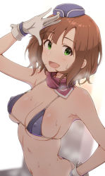 Rule 34 | 1girl, :d, absurdres, alternate hairstyle, amami haruka, arched back, arm up, armpits, ass, bare shoulders, bikini, blue eyes, blue hat, blush, breasts, brown hair, butt crack, cleavage, covered erect nipples, female focus, gloves, hat, highres, idolmaster, looking at viewer, medium breasts, micro bikini, navel, open mouth, salute, short hair, smile, solo, steaming body, swimsuit, tengu (tetuo kun), upper body, white gloves