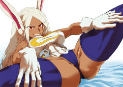 Rule 34 | 1girl, absurdres, animal ears, bare shoulders, blue thighhighs, boku no hero academia, breasts, covered abs, covered navel, crescent print, damos (child flame), dark-skinned female, dark skin, fur collar, gloves, grin, hands on own thighs, highres, large breasts, leotard, long eyelashes, long hair, looking at viewer, lying, mirko, muscular, muscular female, on back, parted bangs, presenting, rabbit ears, rabbit girl, red eyes, sleeveless turtleneck leotard, smile, solo, spread legs, taut leotard, thick thighs, thighhighs, thighs, white gloves, white hair, white leotard