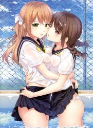 Rule 34 | 2girls, blonde hair, blush, braid, breast press, breasts, brown hair, chain-link fence, chobipero, clothes lift, couple, day, female focus, fence, green eyes, hair ornament, hair ribbon, hairclip, hug, imminent kiss, long hair, medium breasts, multiple girls, non-web source, open mouth, outdoors, panties, pleated skirt, pool, poolside, purple eyes, ribbon, scan, school uniform, see-through, serafuku, side-tie panties, skirt, skirt lift, sky, smile, symmetrical docking, twin braids, two side up, underwear, wading, water, wet, wet clothes, wet uniform, white panties, yuri