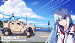 Rule 34 | 5girls, absurdres, allenes, anniversary, blue eyes, blue hair, blue sky, character request, cherry blossoms, cloud, day, fubuki (warship girls r), guard rail, highres, long hair, looking at another, looking at viewer, looking away, military truck, military vehicle, multiple girls, outdoors, pink hair, ponytail, road, shirayuki (warship girls r), sky, standing, thighhighs, truck, vehicle, vehicle request, warship girls r, white legwear