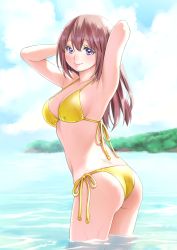 Rule 34 | 1girl, absurdres, armpits, arms behind head, arms up, ass, bikini, blush, breasts, brown hair, day, halterneck, highres, lips, long hair, looking at viewer, macosee, medium breasts, original, outdoors, purple eyes, revision, side-tie bikini bottom, smile, solo, standing, string bikini, sunlight, swimsuit, twisted torso, wading, water, wet, yellow bikini