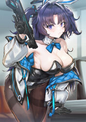 Rule 34 | 1girl, animal ears, black gloves, black leotard, blue archive, blue eyes, blue ribbon, blush, breasts, detached collar, fake animal ears, gloves, gun, highres, holding, holding gun, holding weapon, jacket, large breasts, leotard, looking at viewer, neck ribbon, persocon93, playboy bunny, purple hair, rabbit ears, ribbon, solo, twintails, weapon, white jacket, yuuka (blue archive)