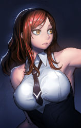 Rule 34 | 1girl, bare shoulders, black necktie, breasts, brown eyes, brown hair, cain (grt1125), closed mouth, collared shirt, covered erect nipples, hairband, highres, long hair, looking to the side, matching hair/eyes, medium breasts, necktie, original, parted bangs, shirt, sketch, sleeveless, sleeveless shirt, slit pupils, solo, sparkling eyes, white shirt, wing collar