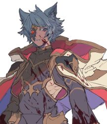 Rule 34 | 1boy, animal ears, armor, black shirt, blood, blood on clothes, blood on face, cape, clothing cutout, empty eyes, erune, flat color, gold trim, granblue fantasy, grey eyes, grey hair, hip armor, hood, hood down, looking to the side, male focus, mask, mask over one eye, red cape, seox (granblue fantasy), shirt, short hair, side cutout, sketch, skihrsdn, solo focus, spiked hair, white background, wolf ears