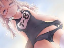 Rule 34 | 10s, 1girl, arm behind back, bad id, bad twitter id, blonde hair, blue eyes, blush, character name, closed mouth, dutch angle, glasses, groin, hair ribbon, ham (points), i-8 (kancolle), inactive account, kantai collection, looking at viewer, name tag, old school swimsuit, one-piece swimsuit, red-framed eyewear, ribbon, school swimsuit, school swimsuit flap, smile, solo, swimsuit, thighhighs, tress ribbon, twintails, wet, white ribbon, white thighhighs