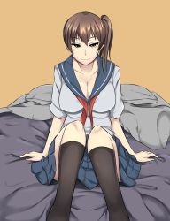 Rule 34 | 10s, 1girl, bad id, bad pixiv id, blanket, breasts, brown eyes, brown hair, cleavage, futon, highres, kaga (kancolle), kantai collection, large breasts, long hair, looking at viewer, neckerchief, on bed, pillow, pleated skirt, school uniform, serafuku, side ponytail, skirt, smile, solo, wangphing