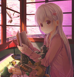 Rule 34 | 1girl, aiuabo, albino, animal, book, cat, cherry blossoms, commentary request, cup, dango, flower, food, frog, hair flower, hair ornament, hanami, highres, holding, holding book, hood, hoodie, indoors, long hair, long sleeves, md5 mismatch, nail polish, open book, original, petite, pink hoodie, pink nails, red eyes, resolution mismatch, sakura mochi, shade, sleeves past wrists, solo, source larger, spring (season), squirrel, tree, umbrella, wagashi, white hair, window, wrapper, yawning, yunomi