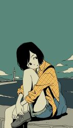 Rule 34 | 1girl, backpack, bag, black eyes, black hair, building, checkered clothes, checkered shirt, cloud, collarbone, collared shirt, denim, denim shorts, dress shirt, grey footwear, head tilt, highres, hosoo, hugging own legs, lighthouse, looking away, open clothes, open shirt, original, outdoors, parted bangs, parted lips, shirt, shoes, short shorts, shorts, simple background, sky, sneakers, solo, swept bangs, water, waves, wing collar, yellow shirt