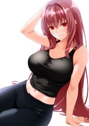 Rule 34 | 1girl, alternate costume, armpits, bare shoulders, black pants, black shirt, blush, breasts, casual, closed mouth, collarbone, commentary request, commission, denim, engo (aquawatery), fate/grand order, fate (series), hair between eyes, hair intakes, jeans, large breasts, lips, long hair, looking at viewer, midriff, navel, pants, pink lips, purple hair, red eyes, scathach (fate), shirt, simple background, sitting, skeb commission, sleeveless, sleeveless shirt, smile, solo, very long hair, white background